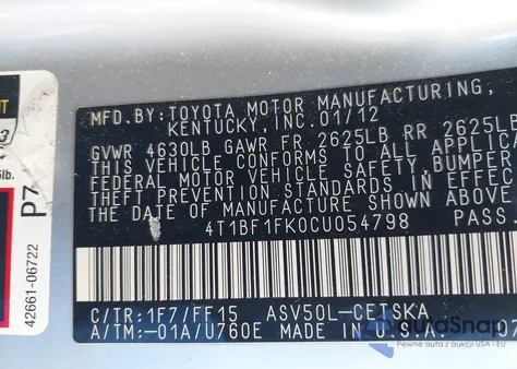 2012 Toyota Camry Se from USA, damaged, VIN 4T1BF1FK0CU054798